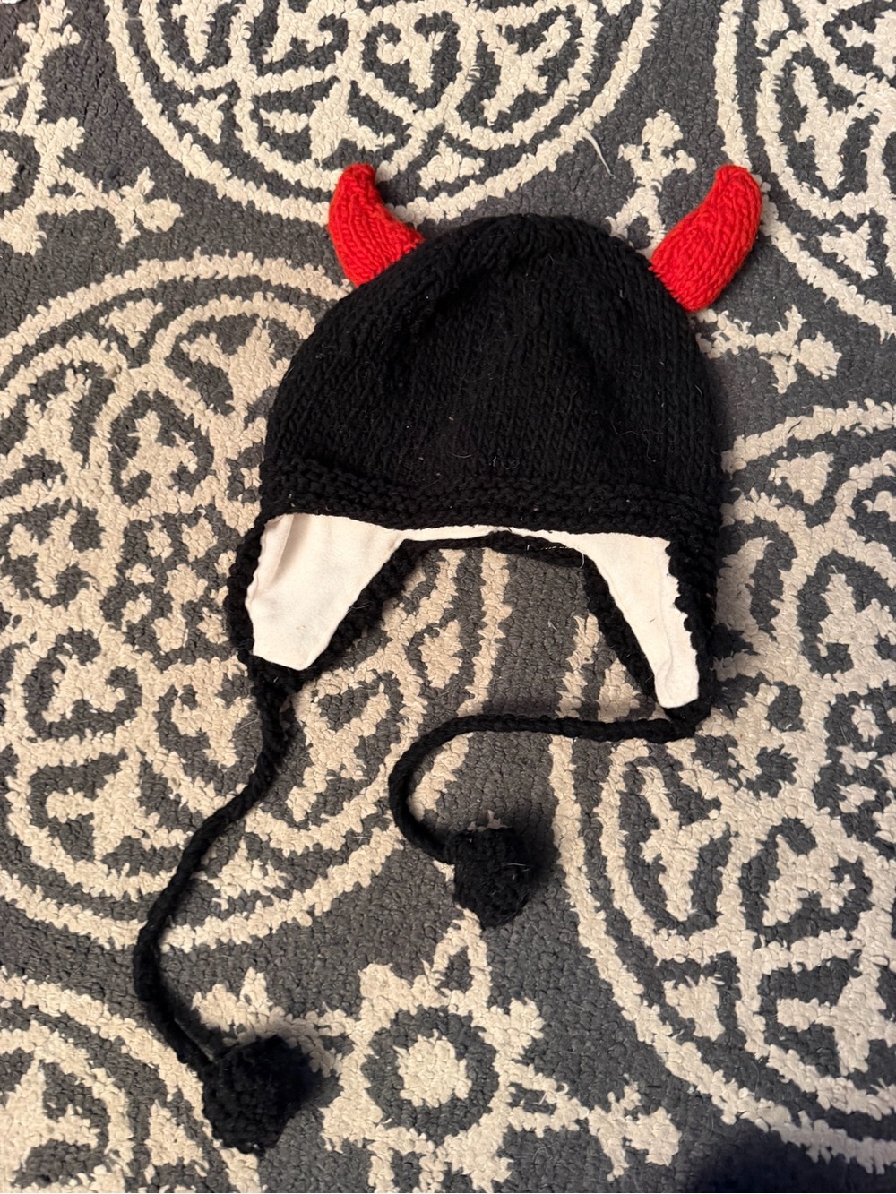 Kids Black Knit Earflap Hat with Red Devil Horns